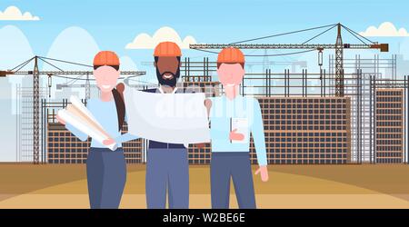 architects working with blueprints mix race engineers team discussing new building project during meeting builders in helmet teamwork concept Stock Vector
