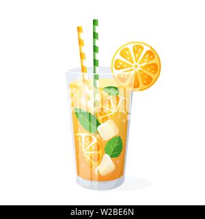 Orange cocktail in glass. Vector illustration isolated on white background. Summer refreshing drink with ice. Stock Vector