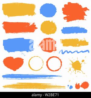 Grunge stains, paint brush strokes, ink blots isolated on white background. Colorful vector design elements for paintbrush texture, frame, background. Stock Vector