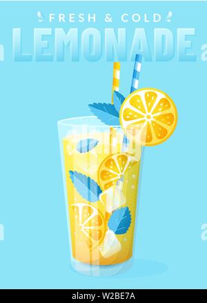 Poster with lemonade. Vector illustration with glass of fresh and cold summer drink with lemon slices, ice cubes and mint leaves. Stock Vector