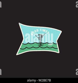 Vintage skeleton hand logo, shaka print design for t-shirt. Good Times funny typography quote concept. Unusual hand drawn surfing ocean graphic patch Stock Vector