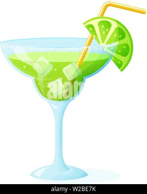 Margarita cocktail with a slice of lime. A glass of refreshing drink isolated on white background. Vector illustration. Stock Vector