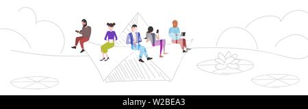 people floating on paper boat mix race men women using digital gadgets having fun on journey computer addiction concept full length sketch doodle Stock Vector