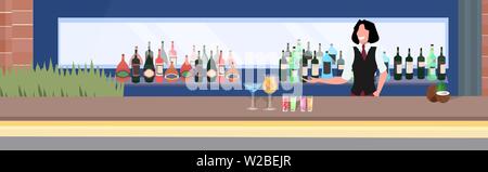 friendly woman bartender standing behind counter with different cocktails for guests pretty girl barmaid working in bar modern pub interior portrait Stock Vector