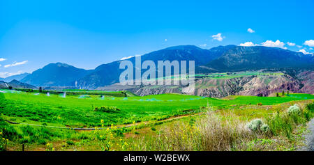 Fertile farmland along the Fraser River as it flows through the canyon to the town of Lillooet in the Chilcotin region on British Columbia, Canada Stock Photo