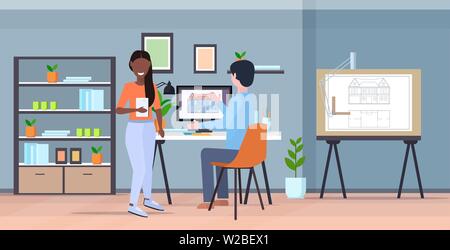 engineers drafting house project blueprint on computer monitor with mix race architects housing contractors designing house plan modern draftsman Stock Vector