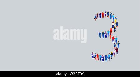 business people crowd gathering in number three 3 shape businesspeople group standing together social media community concept full length Stock Vector