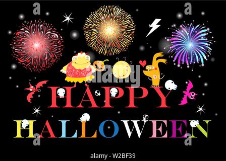 Halloween greeting card with monsters and skulls on a dark background. Halloween font composition and characters for the holiday. Stock Vector