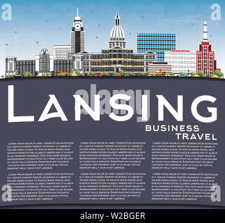 Lansing Michigan City Skyline with Color Buildings, Blue Sky and Copy Space. Vector Illustration. Business Travel and Concept. Stock Vector