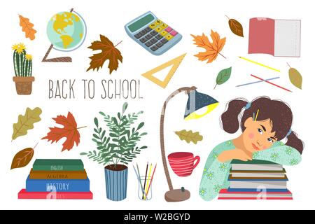 Back to school. Cute vector set with schoolgirl, stationery books and other on a white background Stock Vector