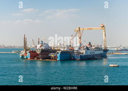 Port Tewfik, Egypt - November 5, 2017: Dry dock at the Port Tewfik in the suburbs of Suez. The Suez Port is an Egyptian port located at the southern b Stock Photo