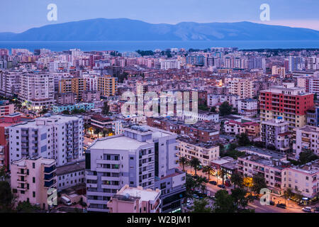 Albania, Vlora, elevated city view, dusk Stock Photo