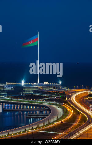 Azerbaijan, Baku, View of Baku Bay looking towards Baku Crystal Hall, where the 2012 Eurovision Song Contest was held - and the World's second Tallest Flag mast Stock Photo