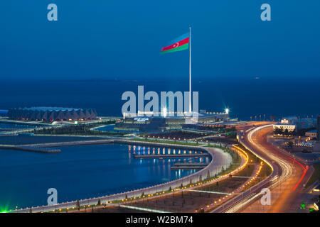 Azerbaijan, Baku, View of Baku Bay looking towards Baku Crystal Hall, where the 2012 Eurovision Song Contest was held - and the World's second Tallest Flag mast Stock Photo