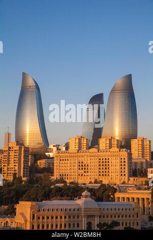 Azerbaijan, Baku, Flame Towers at sunrise Stock Photo