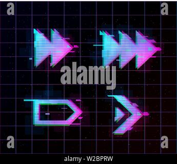 Synthwave vaporwave retrowave Glitch Arrows, pointers, direction Set. Glitch design elements for poster, flyer, cover, web, banner. Eps 10 Stock Vector