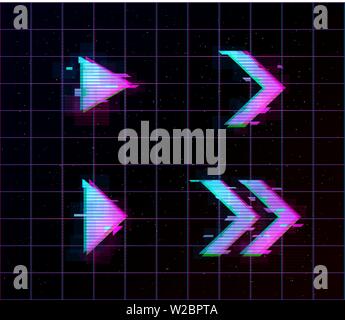 Synthwave vaporwave retrowave Glitch Arrows, pointers, direction Set. Glitch design elements for poster, flyer, cover, web, banner. Eps 10 Stock Vector