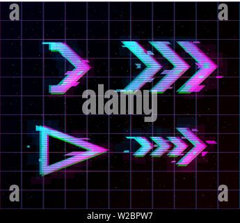 Synthwave vaporwave retrowave Glitch Arrows, pointers, direction Set. Glitch design elements for poster, flyer, cover, web, banner. Eps 10 Stock Vector