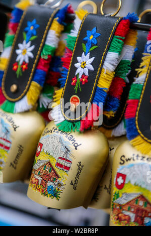 Souvenir cow bells for sale, Zermatt, Valais, Switzerland Stock Photo