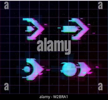 Synthwave vaporwave retrowave Glitch Arrows, pointers, direction Set. Glitch design elements for poster, flyer, cover, web, banner. Eps 10 Stock Vector