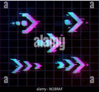 Synthwave vaporwave retrowave Glitch Arrows, pointers, direction Set. Glitch design elements for poster, flyer, cover, web, banner. Eps 10 Stock Vector