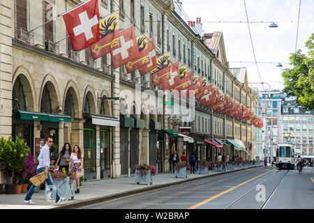 Tram on Rue de la Corraterie, Geneva, Switzerland Stock Photo