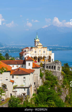 Elevated view over the picturesque Sanctuary of Madonna del Sasso, Locarno, Lake Maggiore, Tessin, Ticino, Switzerland Stock Photo