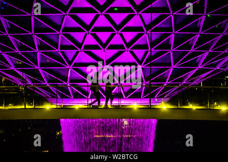 Singapore - Jun 11,  2019: Canopy Bridge walk just beside HSBC Rain Vortex at Night. Stock Photo