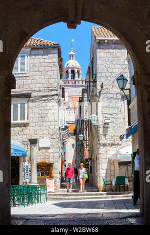 St. Marko Bell Tower and Stari Grad streets framed by the Land Gate, Korcula Town, Korcula, Dalmatia, Croatia Stock Photo