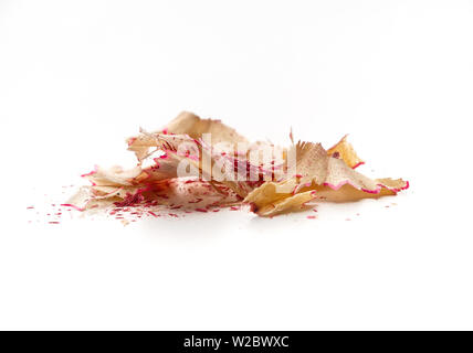 Pink pencil wooden shavings on white background Stock Photo