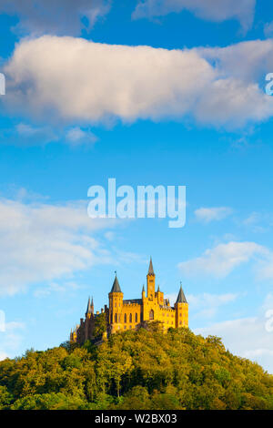 Hohenzollern Castle illuminated at sunset, Swabia, Baden Wuerttemberg, Germany, RF Stock Photo