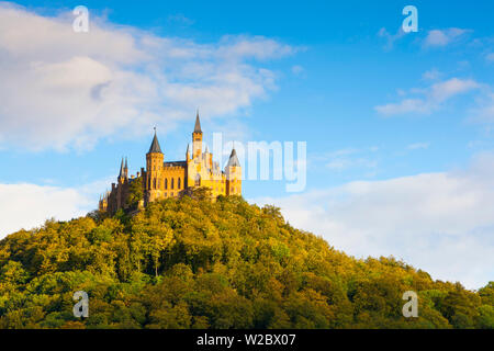 Hohenzollern Castle illuminated at sunset, Swabia, Baden Wuerttemberg, Germany, RF Stock Photo