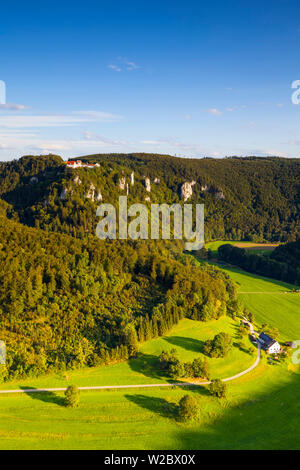 Elevated view over Danube valley towards Hausen Castle, Swabia, Baden-Wurttemberg, Germany, Europe Stock Photo