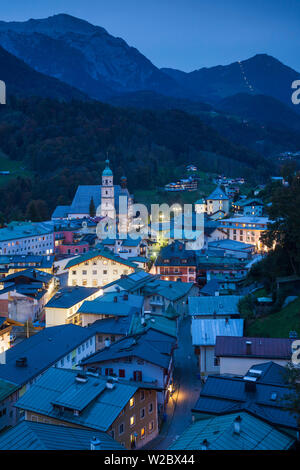 Germany, Bavaria, Berchtesgaden, elevated town view, dusk Stock Photo