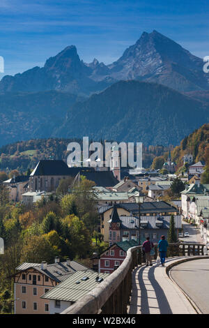 Germany, Bavaria, Berchtesgaden, elevated town view with Watzmann Mountain (el. 2713 meters) Stock Photo