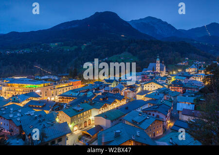 Germany, Bavaria, Berchtesgaden, elevated town view, dusk Stock Photo