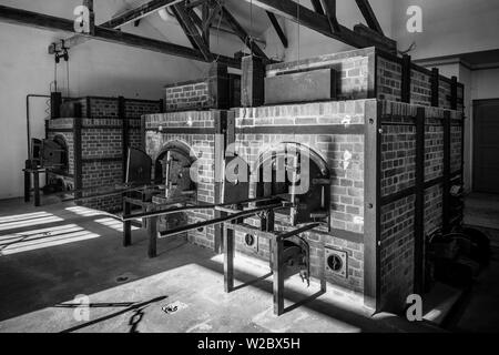 Germany, Bavaria, Munich-Dachau, WW-2 era Nazi concentration camp, crematorium building, furnaces Stock Photo