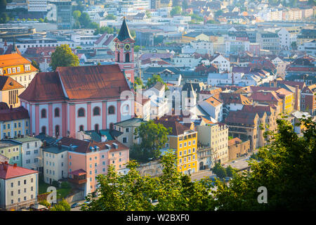 Elevated view over St. Paul's church and central Passau, Lower Bavaria, Bavaria, Germany Stock Photo