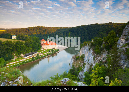 Elevated view over Weltenburg Abbey & The River Danube, Lower Bavaria, Bavaria, Germany Stock Photo