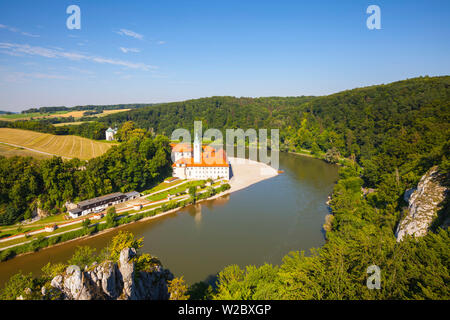 Elevated view over Weltenburg Abbey & The River Danube, Lower Bavaria, Bavaria, Germany Stock Photo