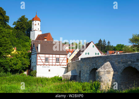 Harburg's picturesque old stone bridge, Harburg, Bavaria, Germany Stock Photo