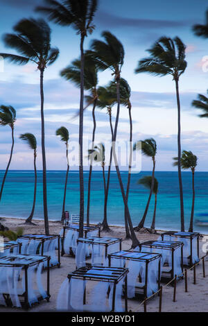 Dominican Republic, Punta Cana, Playa Cabeza de Toro, Sun loungers at Dreams Palm Beach resort Stock Photo