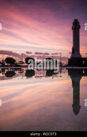 Spain, Canary Islands, Tenerife, Santa Cruz de Tenerife, Plaza de Espana, city reflection, dawn Stock Photo