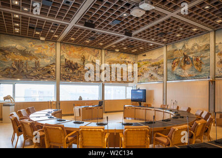 Greenland, Nuuk, Nuuk City Hall, council chambers with Hans Lynge tapestries Stock Photo