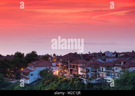 Greece, Central Macedonia Region, Litohoro, elevated town view, dawn Stock Photo