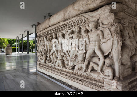 Greece, Central Macedonia Region, Thessaloniki, Archeological Museum, funeral bier with frieze of figures Stock Photo