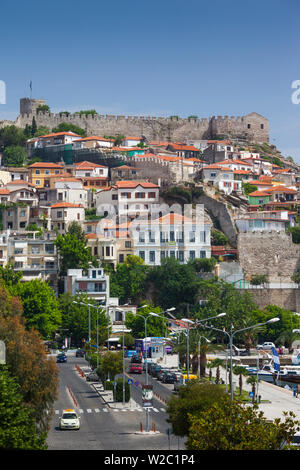 Greece, East Macedonia and Thrace Region, Kavala, elevated view of Old Town and Kastro fortress Stock Photo