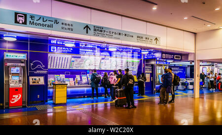 Tokyo, Japan - May 8, 2019: Monorail ticketing machines at Haneda airport. Stock Photo