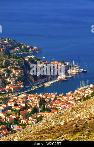 Boats In Symi Harbour From Elevated Angle, Symi, Dodecanese, Greek Islands, Greece, Europe Stock Photo