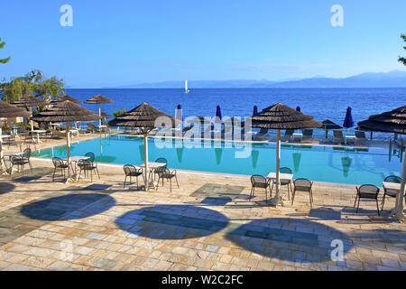 Greek hotel with "swimming pool" and [sea view], Oia, Santorini Stock